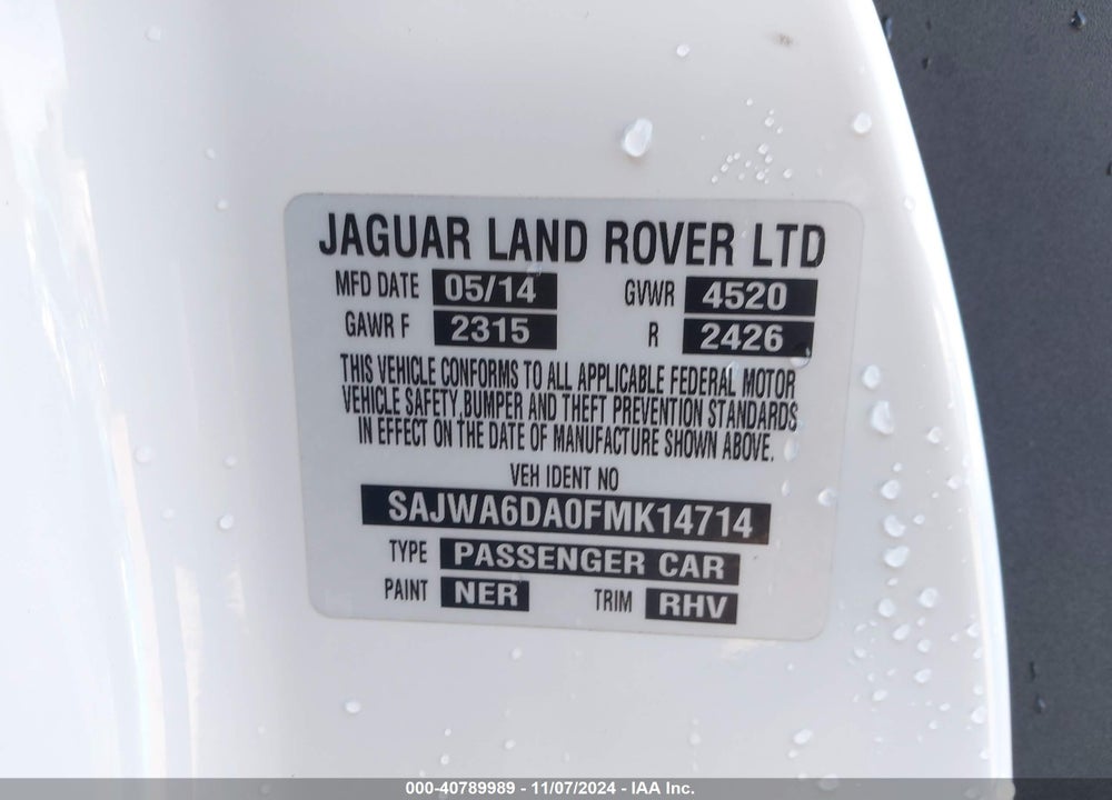 2015 JAGUAR F-TYPE R VIN: SAJWA6DA0FMK14714