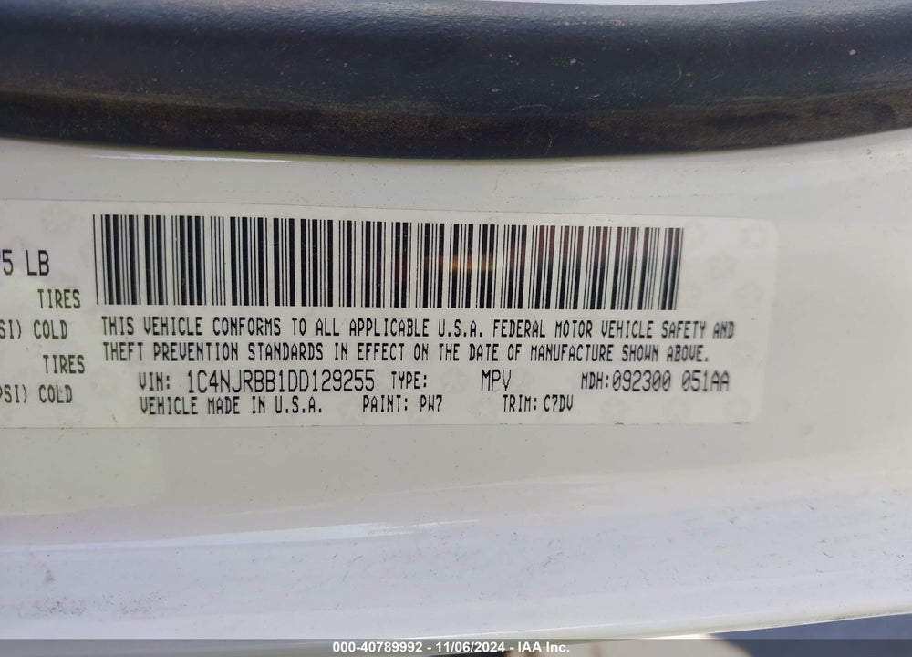 2013 JEEP PATRIOT SPORT VIN: 1C4NJRBB1DD129255