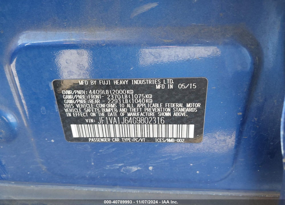 2016 SUBARU WRX LIMITED VIN: JF1VA1J64G9802316
