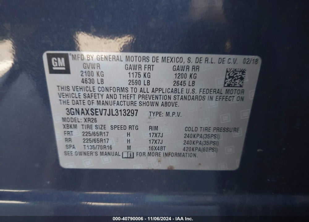 2018 CHEVROLET EQUINOX VIN: 3GNAXSEV7JL313297