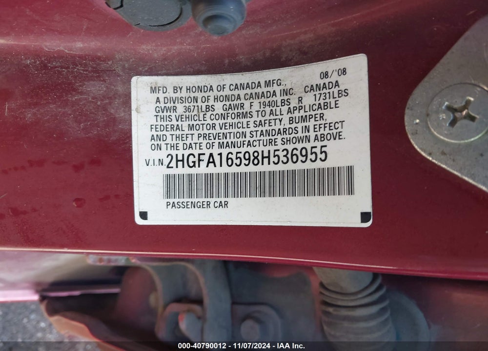 2008 HONDA CIVIC LX VIN: 2HGFA16598H536955