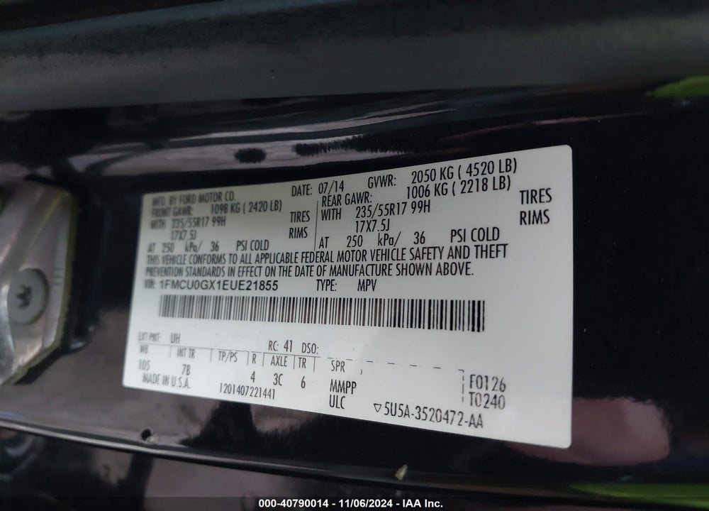 2014 FORD ESCAPE SE VIN: 1FMCU0GX1EUE21855