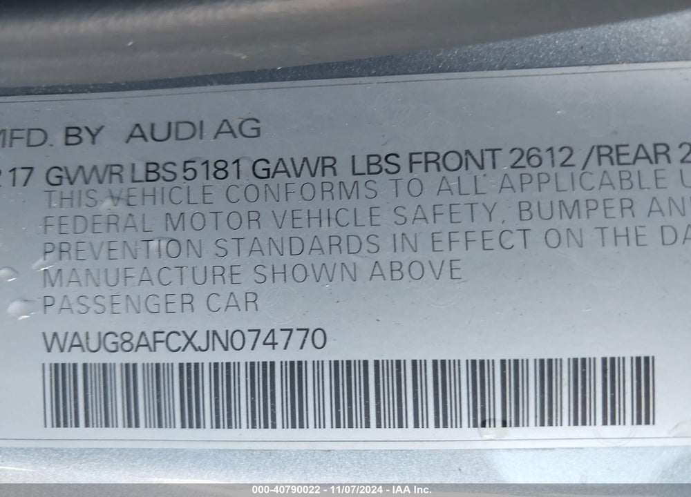 2018 AUDI A6 2.0T PREMIUM VIN: WAUG8AFCXJN074770