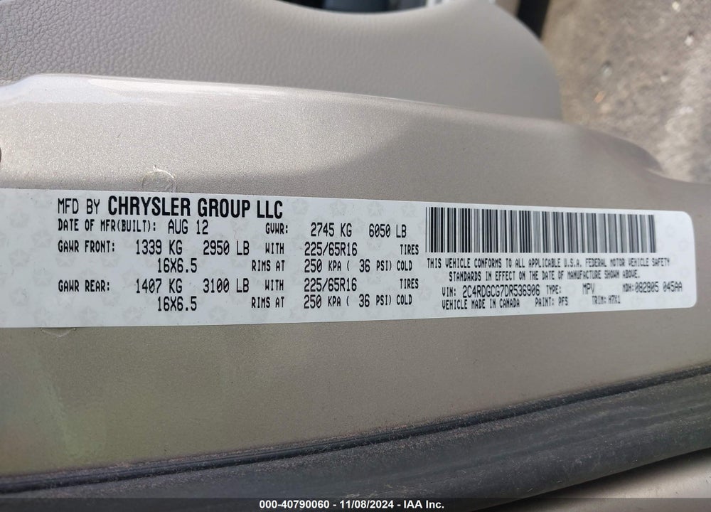 2013 DODGE GRAND CARAVAN SXT VIN: 2C4RDGCG7DR536906