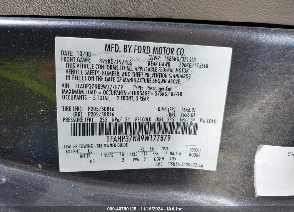 2009 FORD FOCUS SEL VIN: 1FAHP37N89W177879