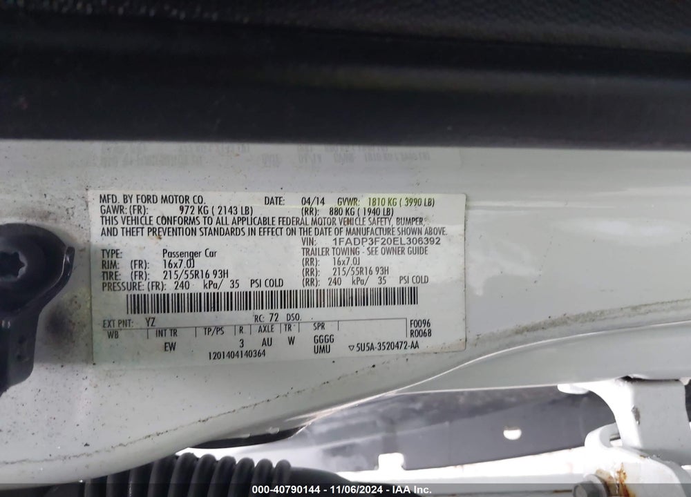 2014 FORD FOCUS VIN: 1FADP3F20EL306392
