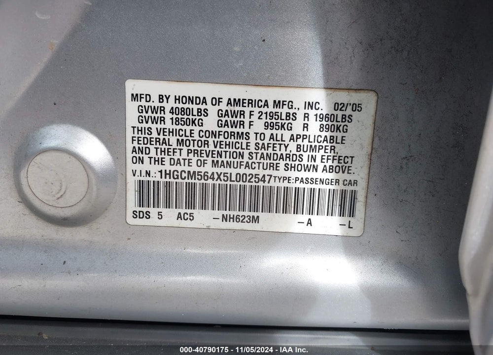 2005 HONDA ACCORD 2.4 LX VIN: 1HGCM564X5L002547