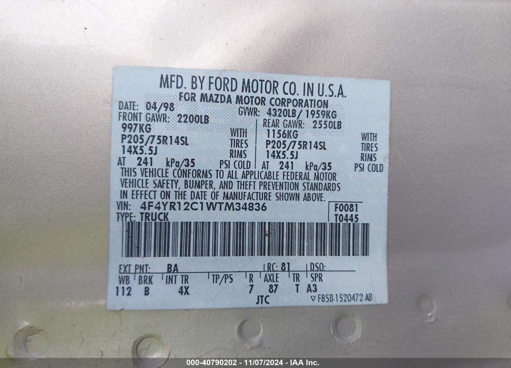 1998 MAZDA B2500 SE/SX VIN: 4F4YR12C1WTM34836