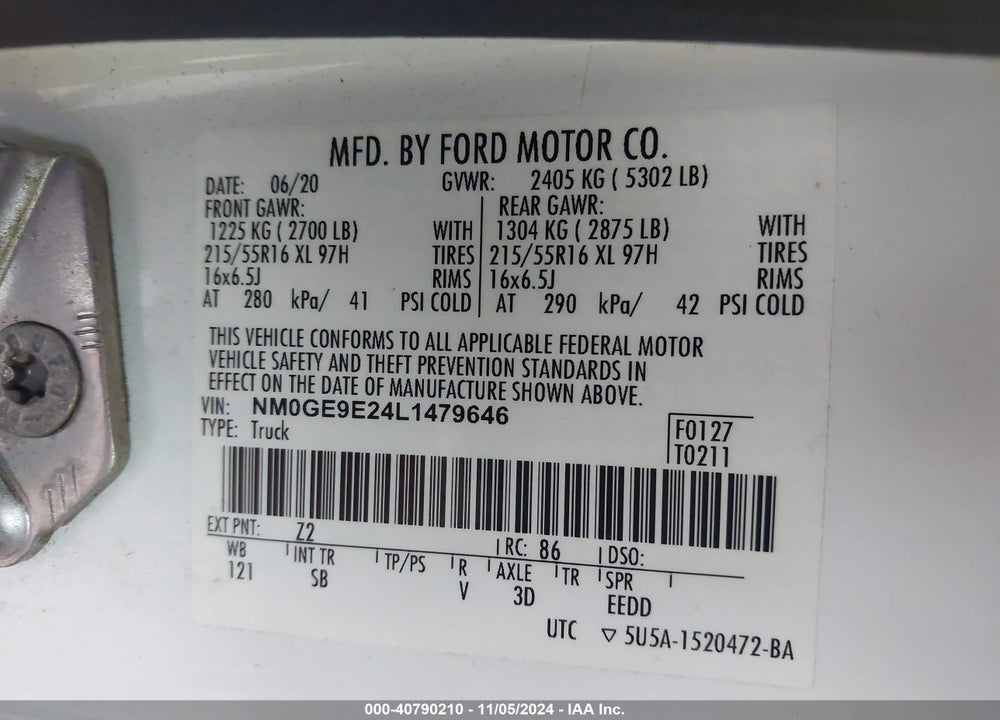 2020 FORD TRANSIT CONNECT XL PASSENGER WAGON VIN: NM0GE9E24L1479646