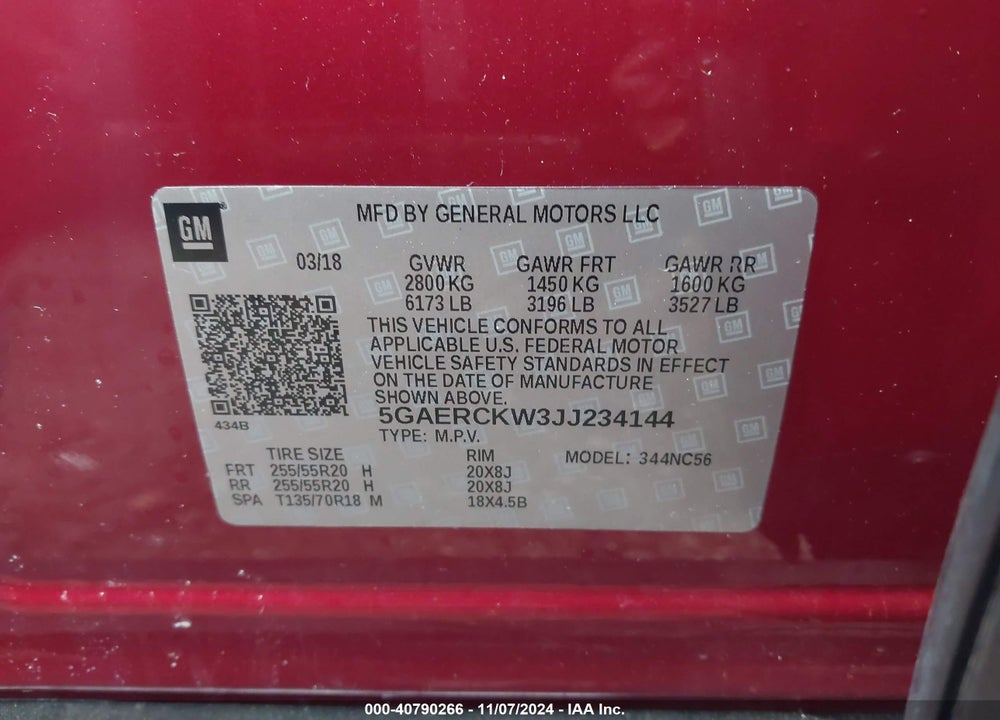 2018 BUICK ENCLAVE PREMIUM VIN: 5GAERCKW3JJ234144