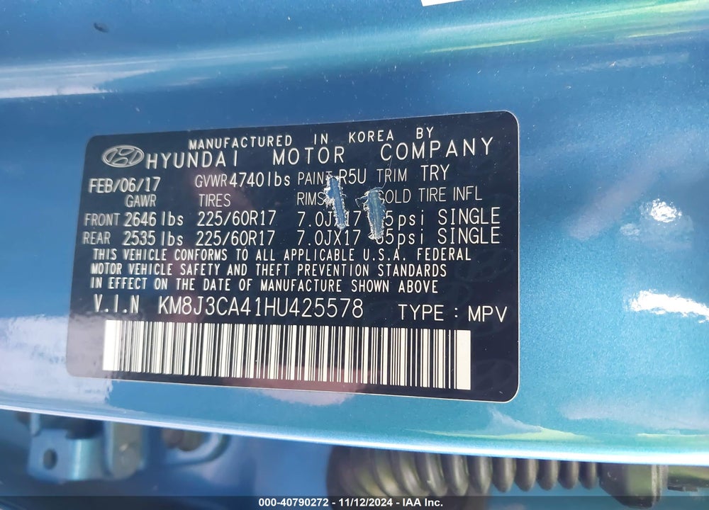 2017 HYUNDAI TUCSON SE VIN: KM8J3CA41HU425578