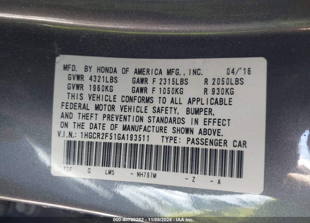 2016 HONDA ACCORD SPORT VIN: 1HGCR2F51GA193511