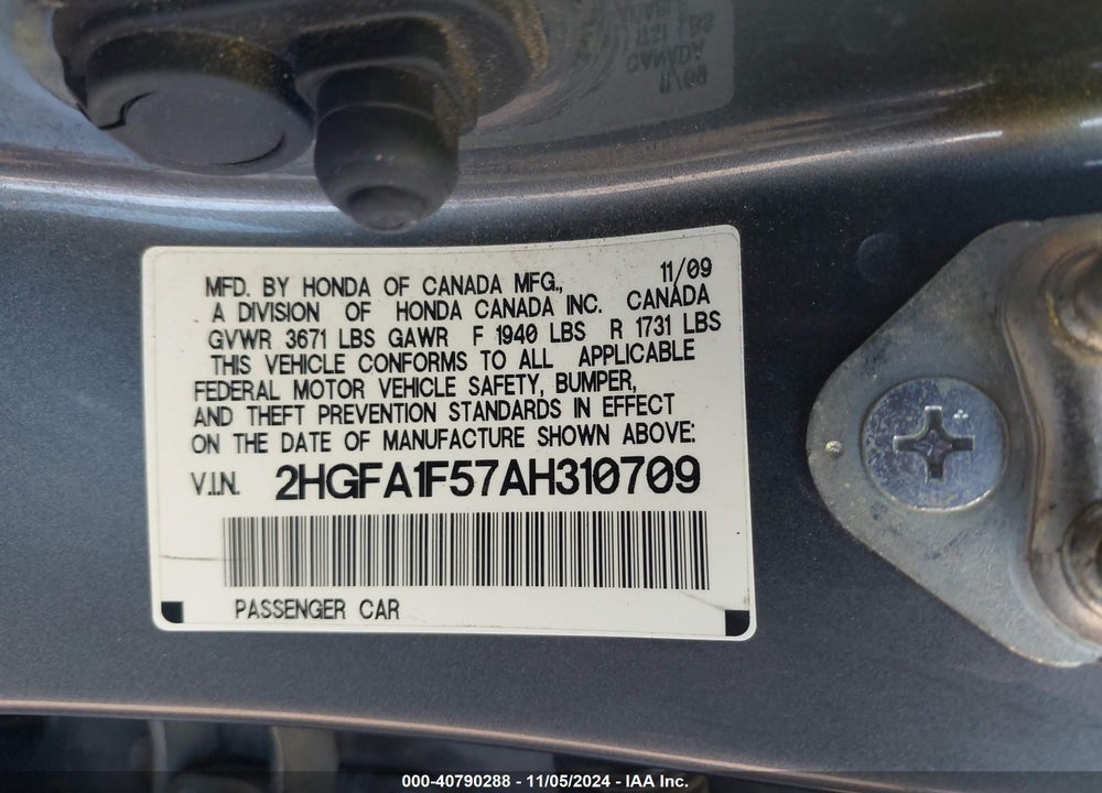 2010 HONDA CIVIC LX VIN: 2HGFA1F57AH310709