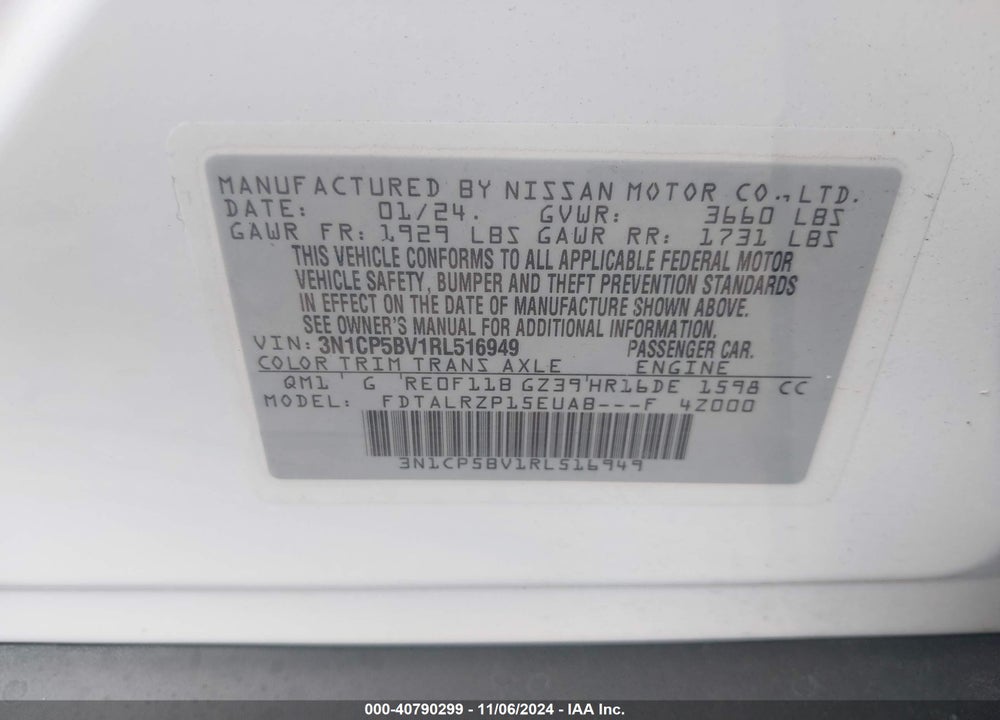 2024 NISSAN KICKS S XTRONIC CVT VIN: 3N1CP5BV1RL516949
