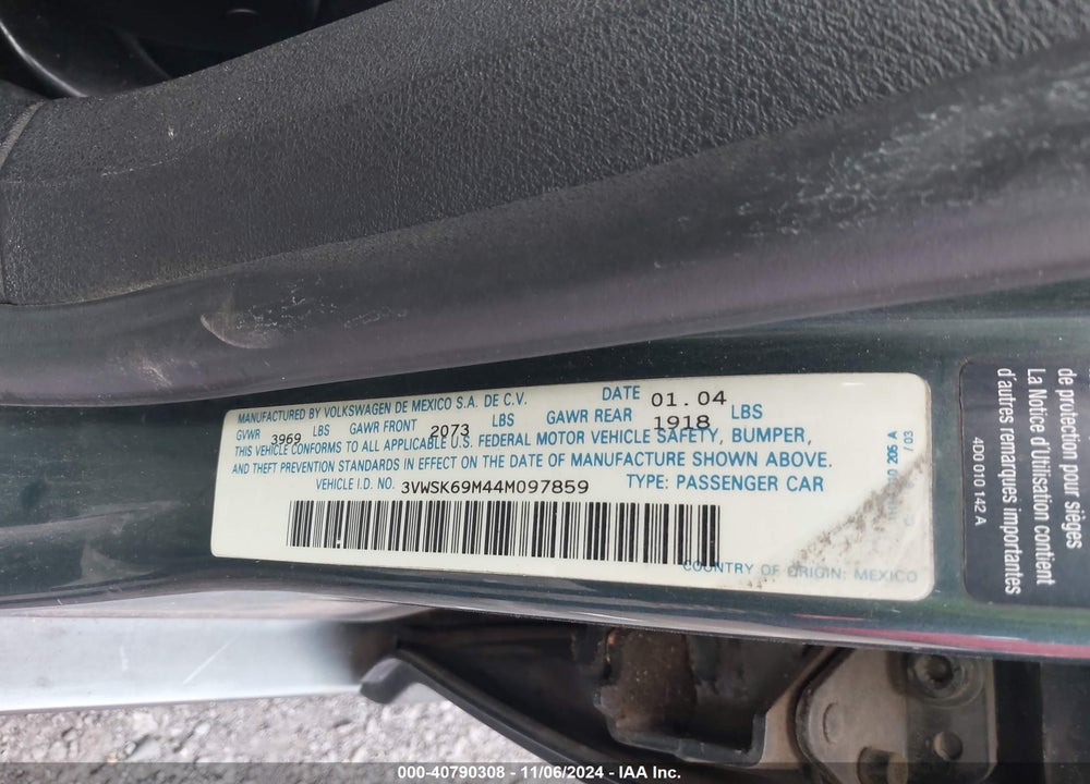 2004 VOLKSWAGEN JETTA GLS 2.0L VIN: 3VWSK69M44M097859