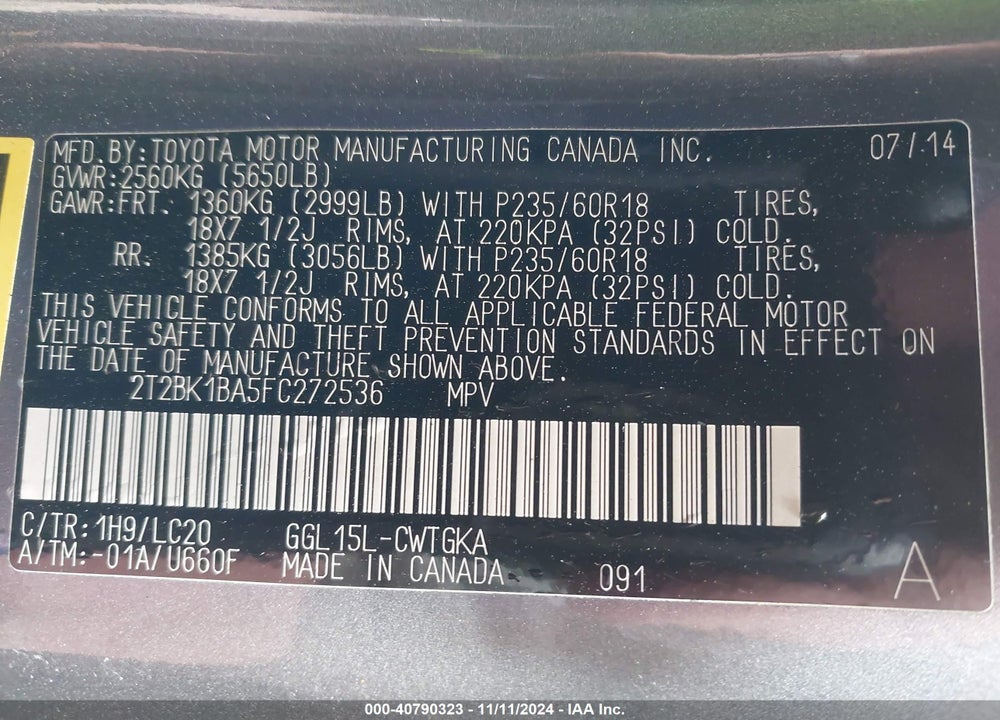 2015 LEXUS RX 350 VIN: 2T2BK1BA5FC272536