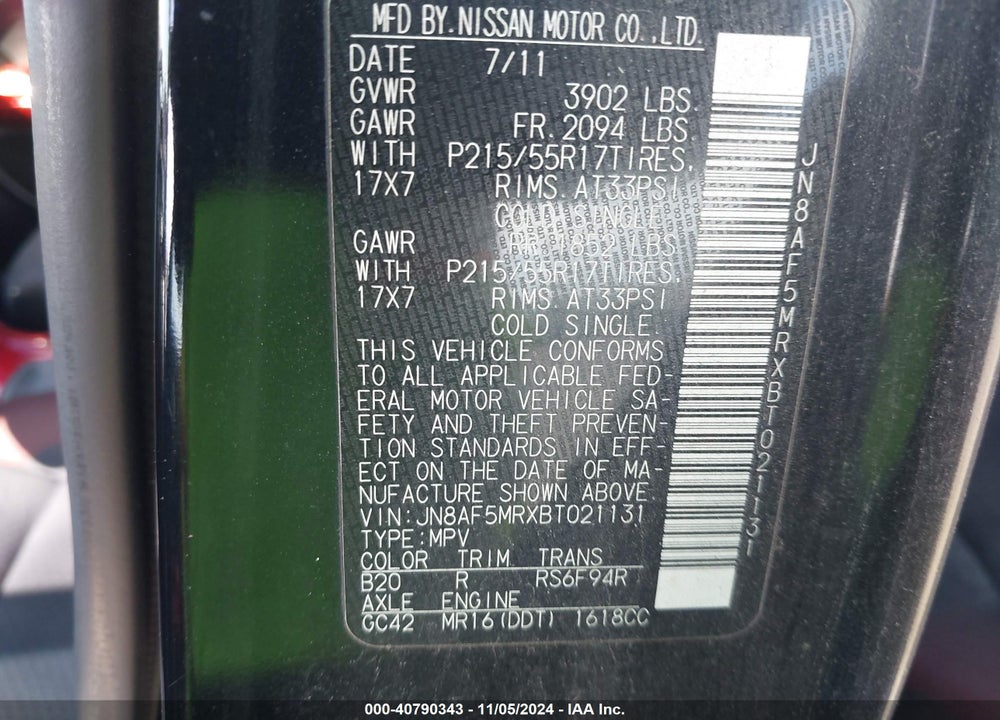 2011 NISSAN JUKE SV VIN: JN8AF5MRXBT021131