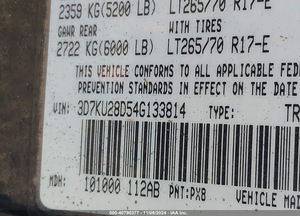 2004 DODGE RAM 2500 SLT/LARAMIE VIN: 3D7KU28D54G133814
