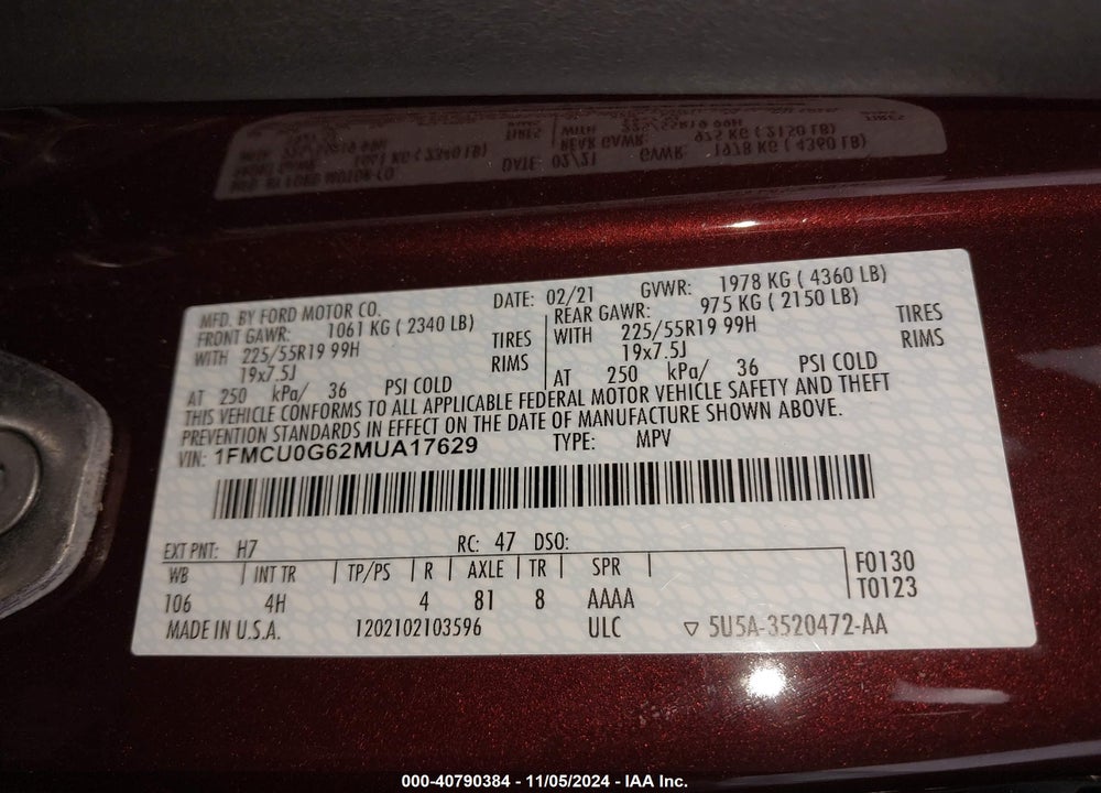 2021 FORD ESCAPE SE VIN: 1FMCU0G62MUA17629