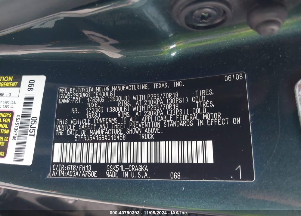2008 TOYOTA TUNDRA SR5 V6 VIN: 5TFRU54168X016458