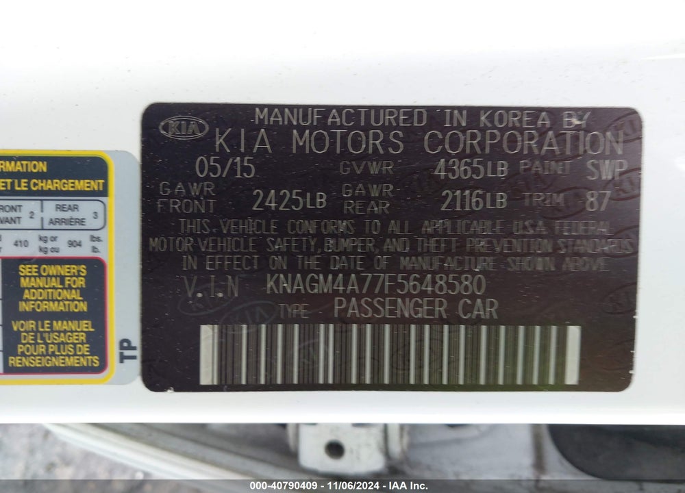 2015 KIA OPTIMA LX VIN: KNAGM4A77F5648580
