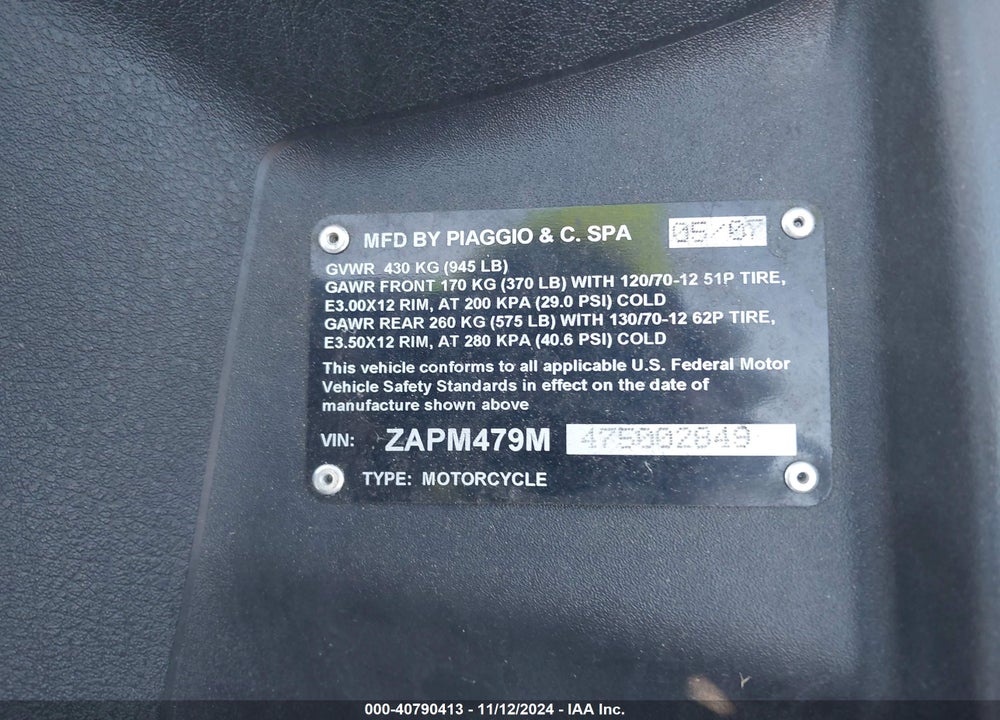 2007 PIAGGIO MP3 VIN: ZAPM479M475002849