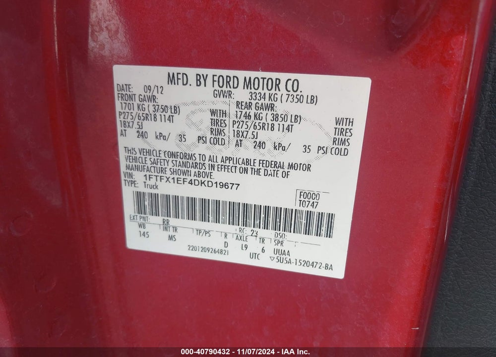 2013 FORD F-150 VIN: 1FTFX1EF4DKD19677