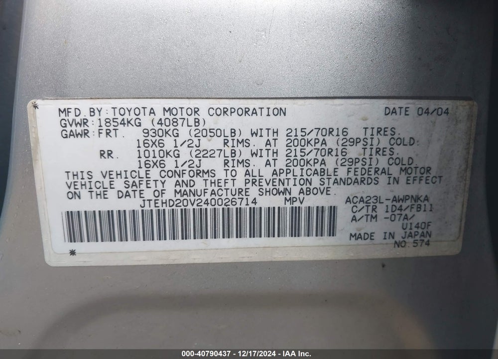 2004 TOYOTA RAV4 VIN: JTEHD20V240026714