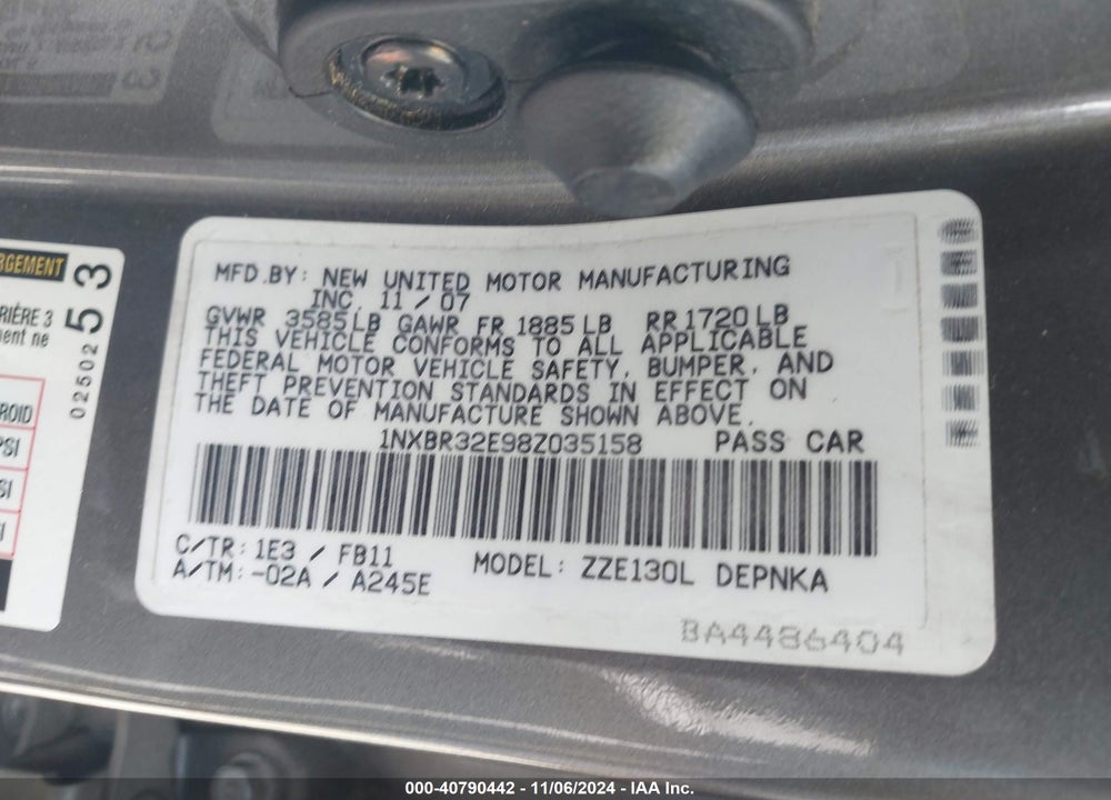 2008 TOYOTA COROLLA LE VIN: 1NXBR32E98Z035158