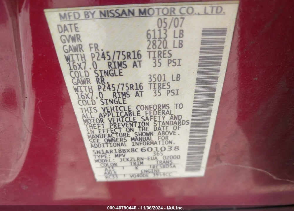 2008 NISSAN PATHFINDER S VIN: 5N1AR18BX8C601038