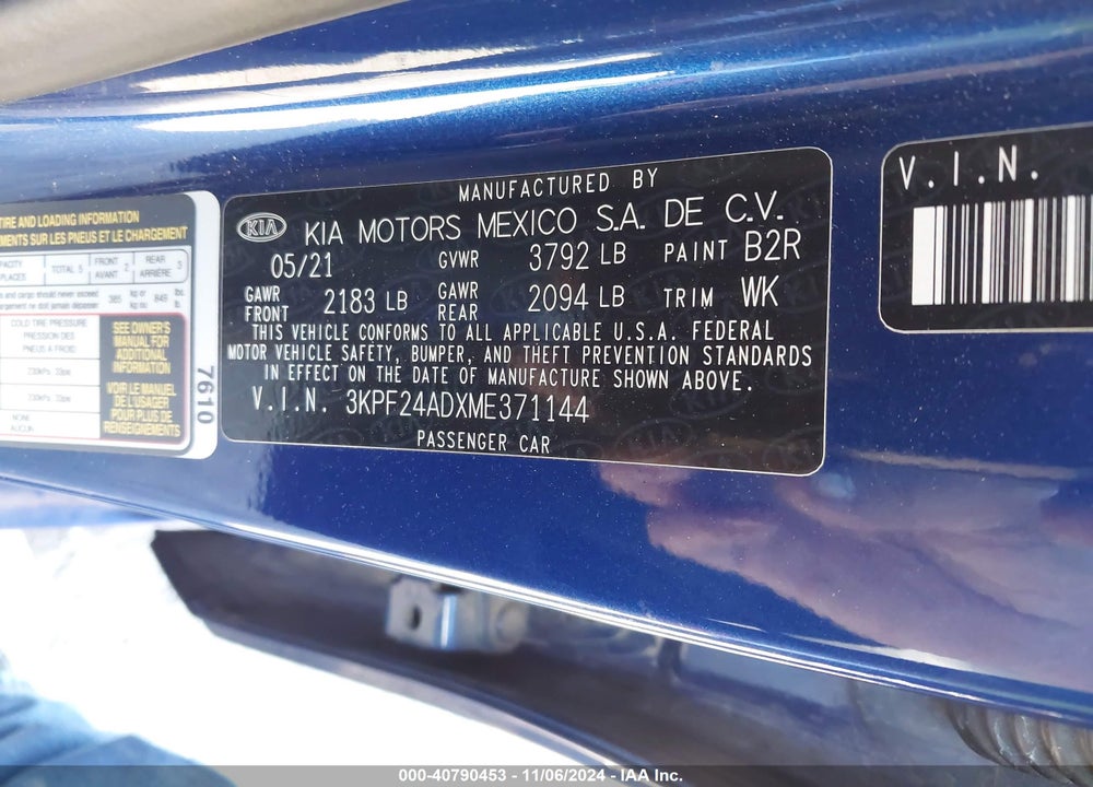 2021 KIA FORTE LXS VIN: 3KPF24ADXME371144