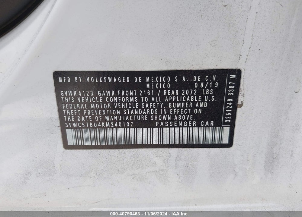 2019 VOLKSWAGEN JETTA 1.4T R-LINE/1.4T S/1.4T SE VIN: 3VWC57BU4KM240107