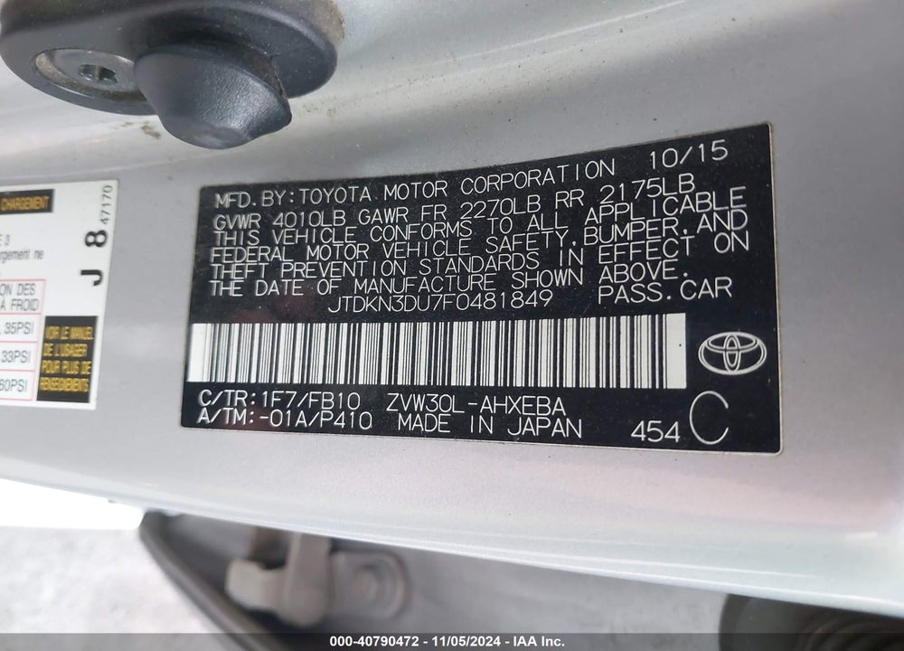 2015 TOYOTA PRIUS TWO VIN: JTDKN3DU7F0481849