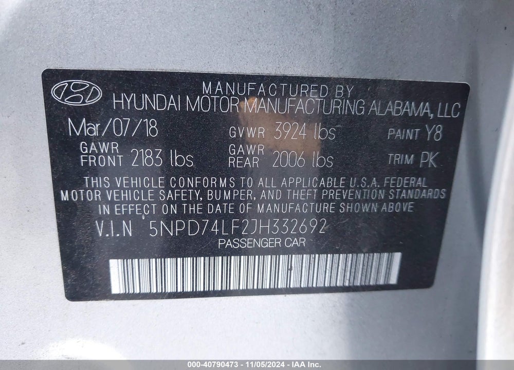 2018 HYUNDAI ELANTRA SE VIN: 5NPD74LF2JH332692