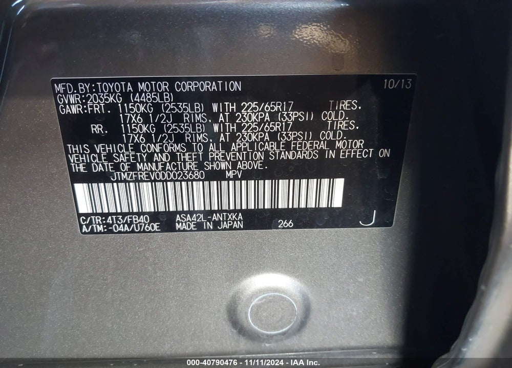 2013 TOYOTA RAV4 LE VIN: JTMZFREV0DD023680
