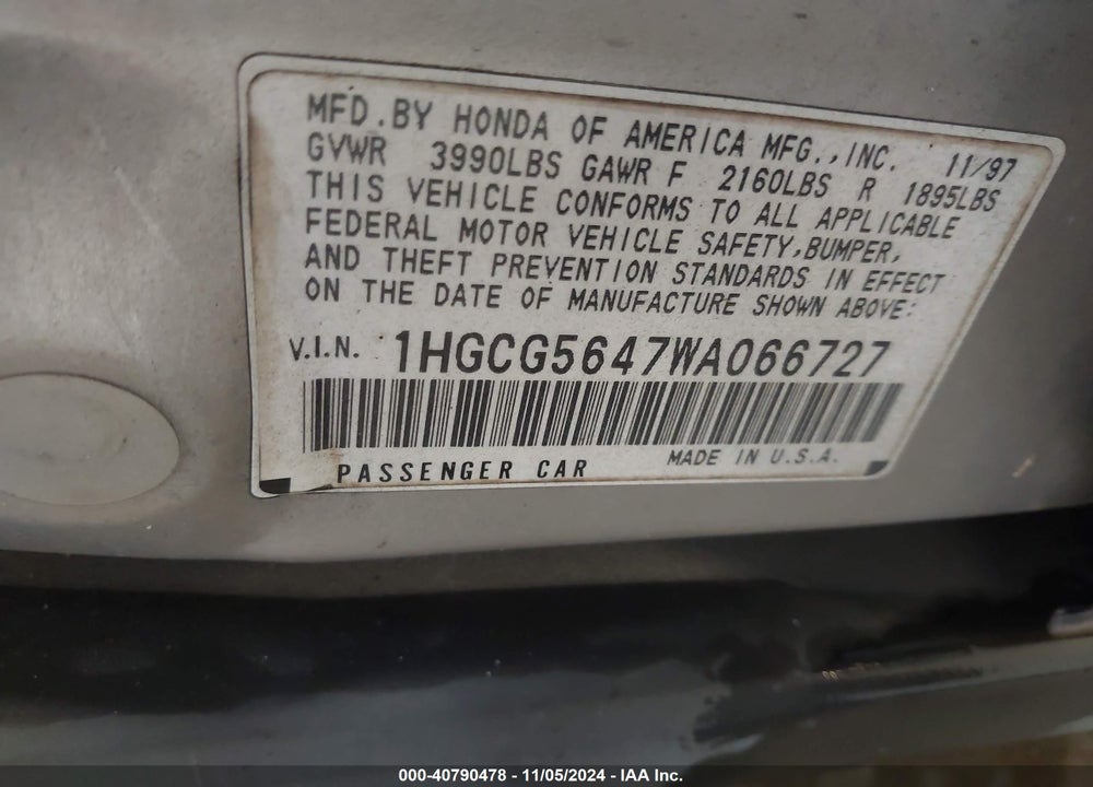 1998 HONDA ACCORD LX VIN: 1HGCG5647WA066727