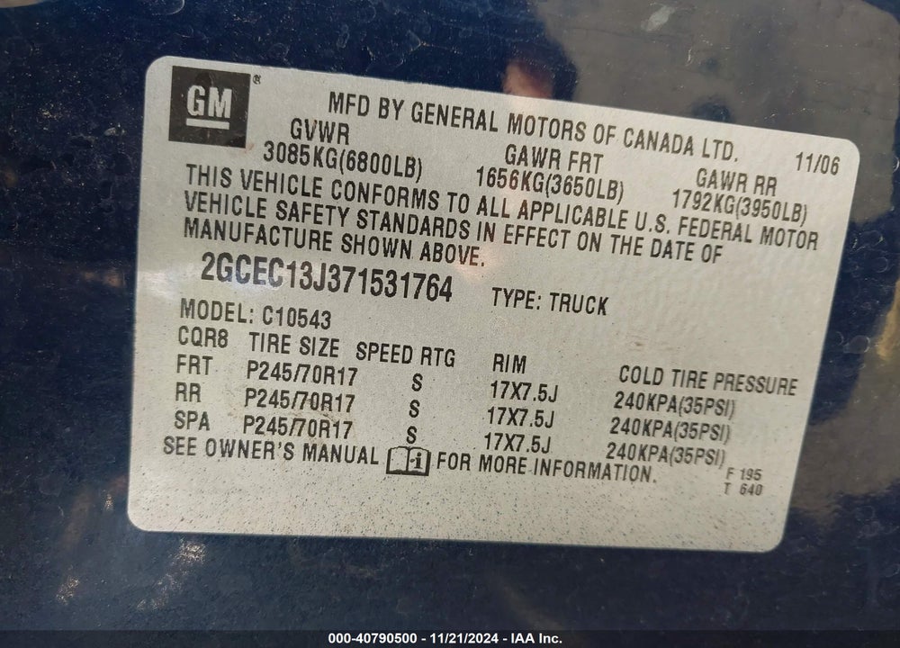 2007 CHEVROLET SILVERADO 1500 LT1 VIN: 2GCEC13J371531764