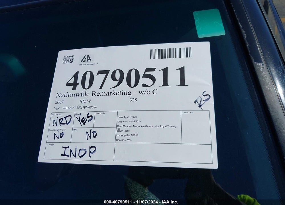 2007 BMW 328I VIN: WBAVA335X7PV68086
