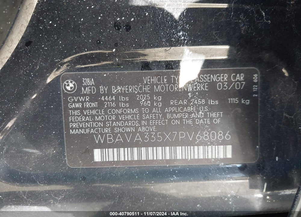 2007 BMW 328I VIN: WBAVA335X7PV68086