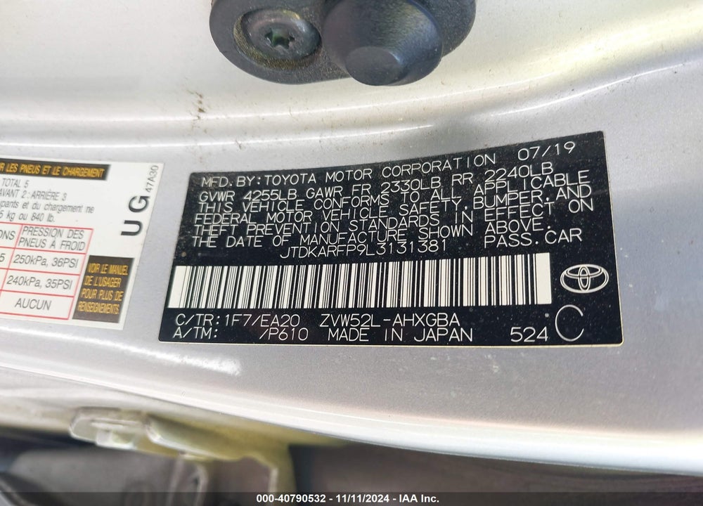 2020 TOYOTA PRIUS PRIME XLE VIN: JTDKARFP9L3131381