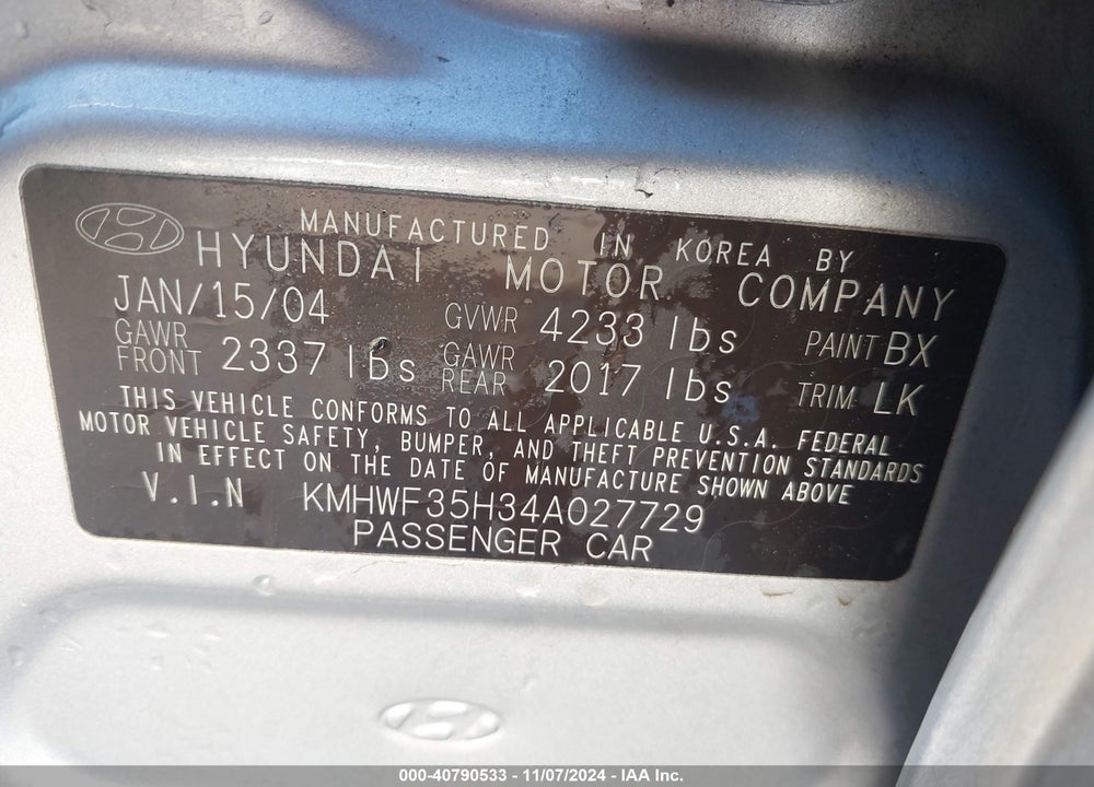 2004 HYUNDAI SONATA GLS/LX VIN: KMHWF35H34A027729