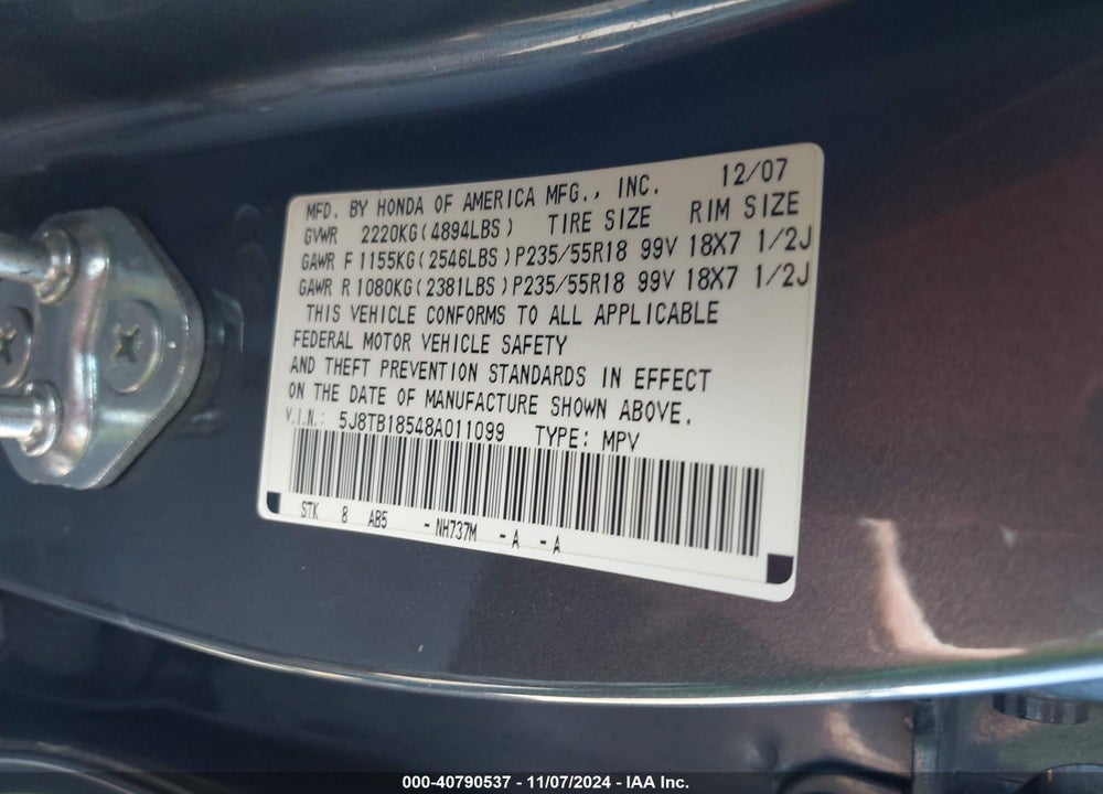 2008 ACURA RDX VIN: 5J8TB18548A011099