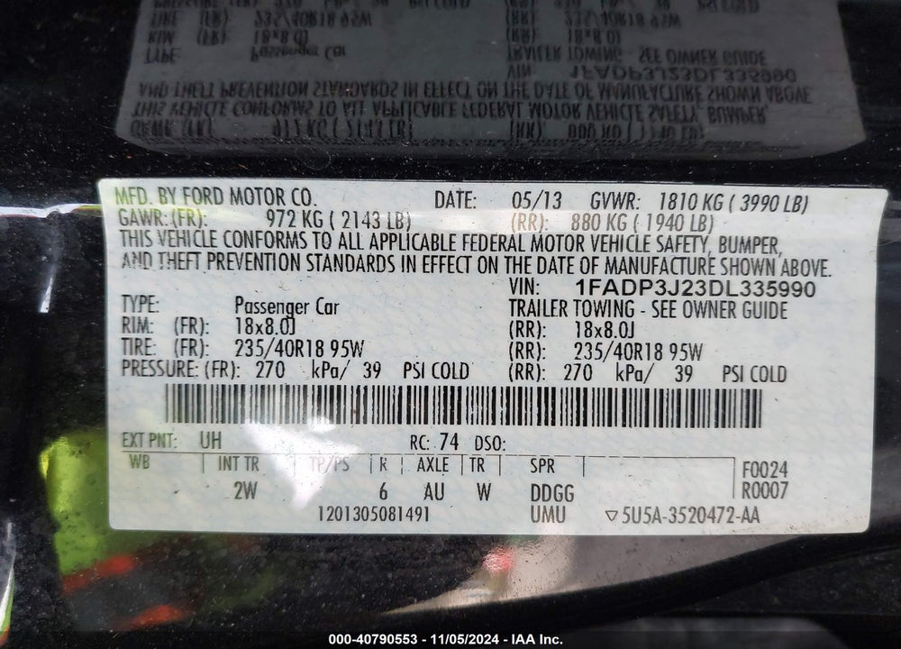 2013 FORD FOCUS TITANIUM VIN: 1FADP3J23DL335990