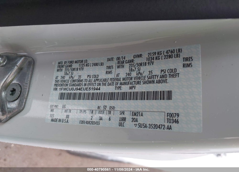 2014 FORD ESCAPE TITANIUM VIN: 1FMCU0J94EUE51944