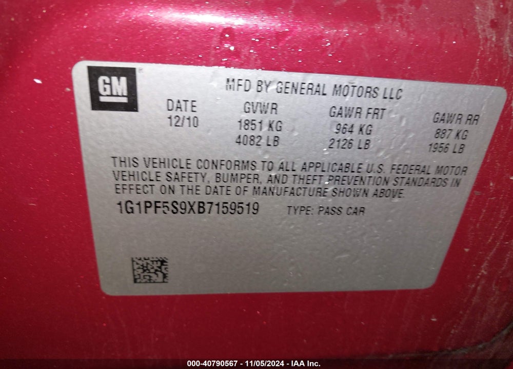 2011 CHEVROLET CRUZE 1LT VIN: 1G1PF5S9XB7159519