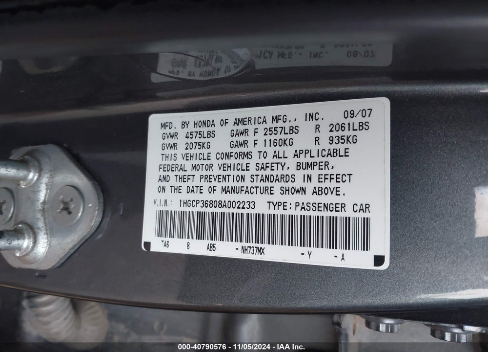 2008 HONDA ACCORD 3.5 EX-L VIN: 1HGCP36808A002233