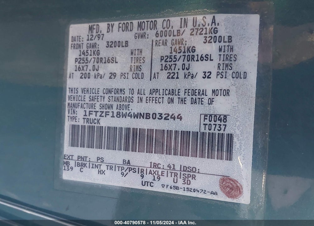1998 FORD F-150 LARIAT/STANDARD/XL/XLT VIN: 1FTZF18W4WNB03244