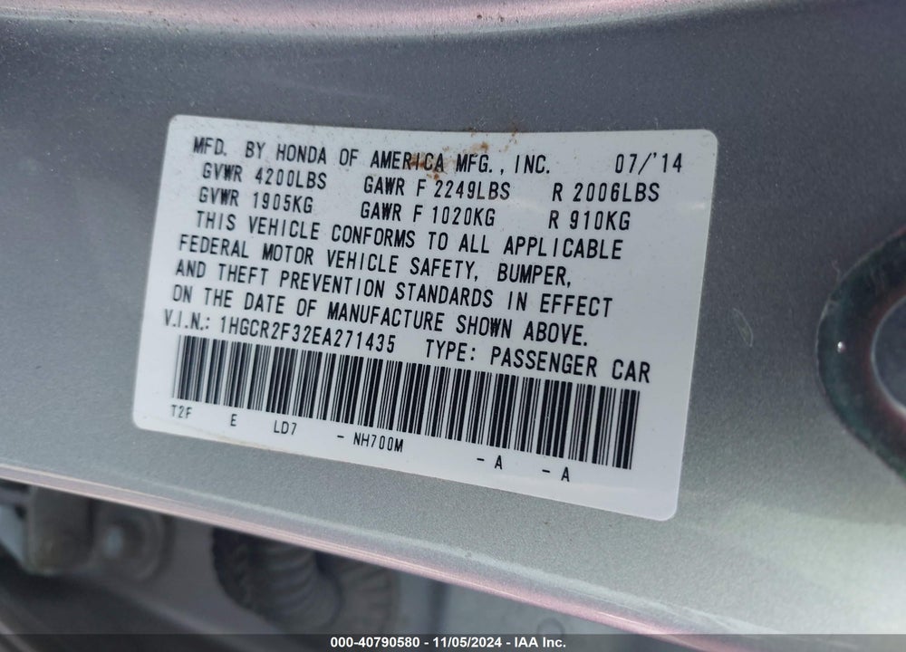 2014 HONDA ACCORD LX VIN: 1HGCR2F32EA271435