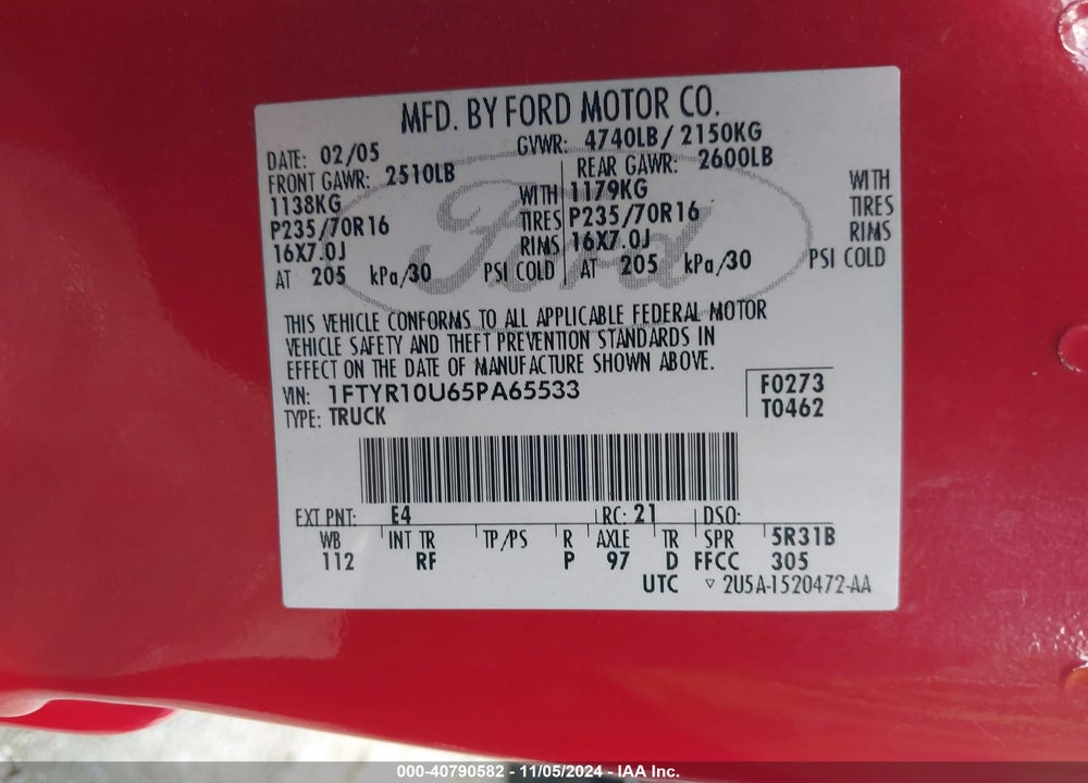 2005 RANGER FORD  EDGE/STX/XL/XLS/XLT VIN: 1FTYR10U65PA65533