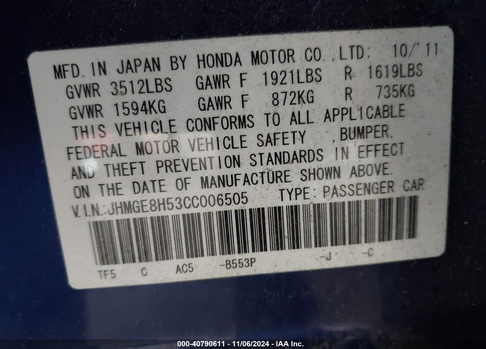 2012 HONDA FIT SPORT VIN: JHMGE8H53CC006505